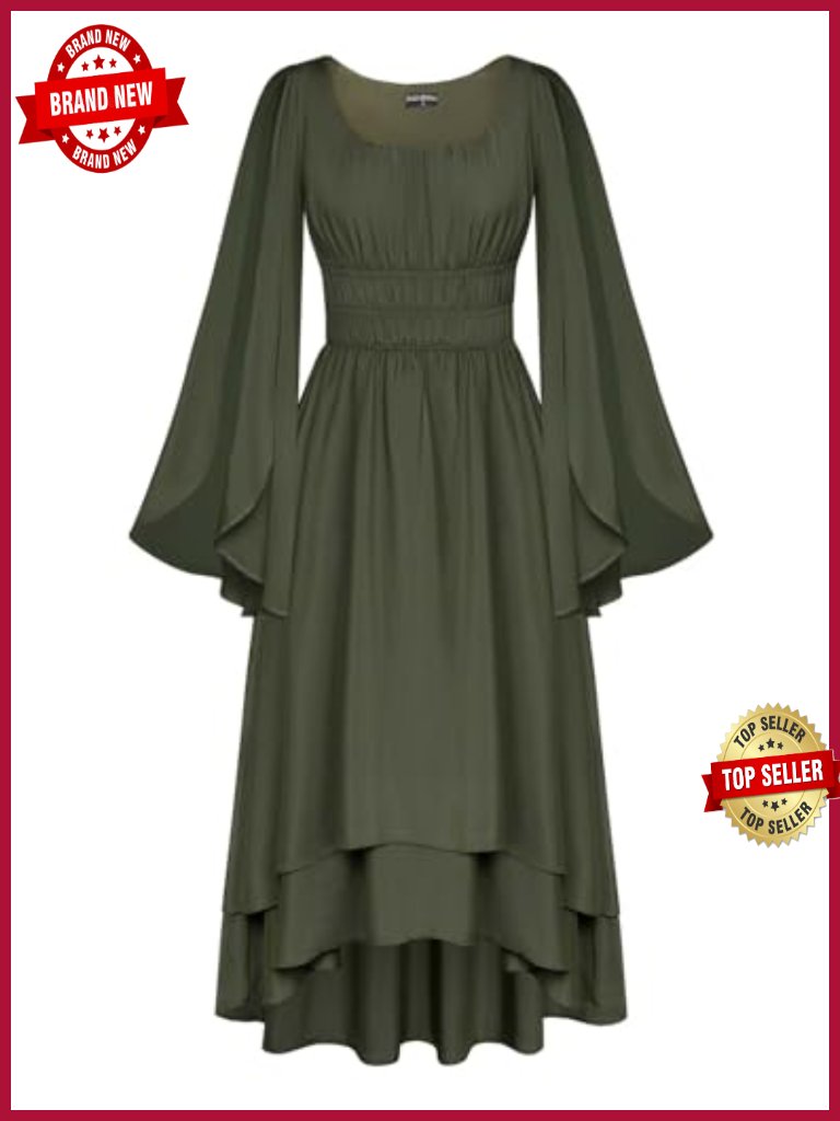 Women Renaissance Costume Split Bell Sleeve Double Layered High Low Dress